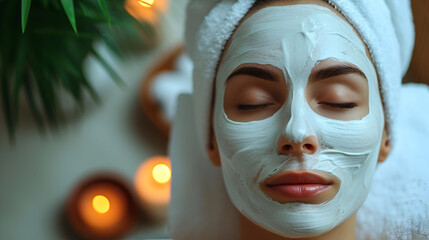 Lifestyle portrait of beautiful woman getting facial mask massage treatment at luxury spa, generative ai