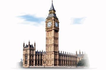 Fototapeta na wymiar Westminster Clock Tower (aka Big Ben) isolated on white, part of the UK Houses of Parliament