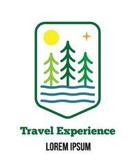 Fototapeta na wymiar Travel and Camping Topic Emblem with Lake and Spruce Trees. Nature and hiking concept vector