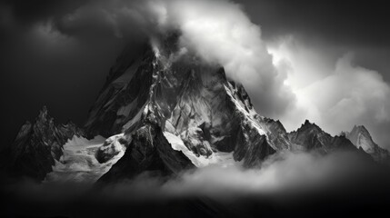 Majestic mountain peak rising above clouds, panoramic view of jagged peaks and valleys below
