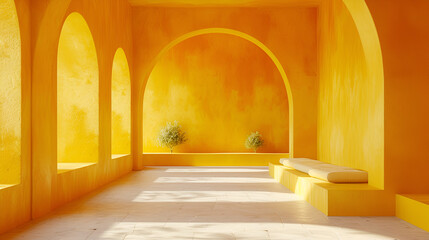 A bright yellow wall with chair and sunlight inter from window, generative ai