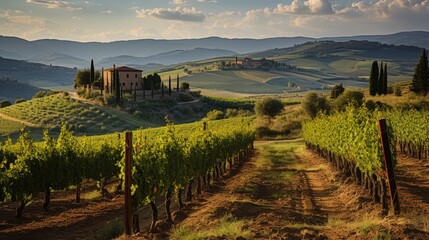 Golden tuscan vineyard landscape with grapevines, rolling hills, and olive groves in sunlight