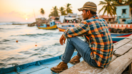 Latin man sitting on pier facing the sea
