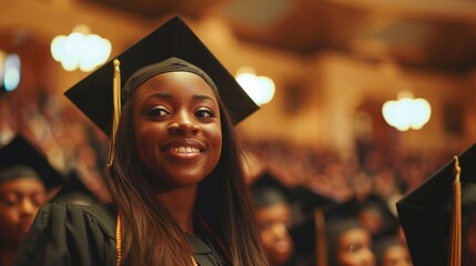 A cheerful young woman in a graduation cap and gown smiles proudly during the commencement ceremony.