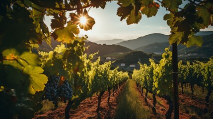 Sunlit tuscan vineyard with grapevines, rolling hills, and olive groves in golden light