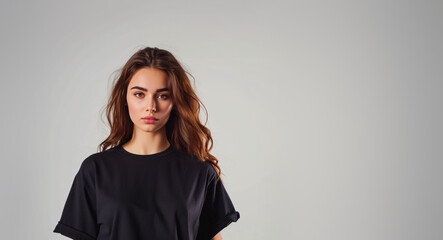 Pretty girl wearing a black mockup tshirt with copy space