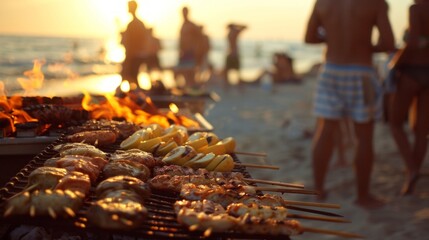 Friends gather for a beach barbecue party at sunset, with skewers of food cooking over an open flame.