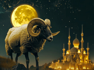 A sheep with horns and curly wool on the background of a Muslim mosque and a crescent moon in the sky