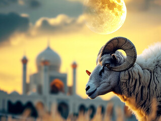 A sheep with horns and curly wool on the background of a Muslim mosque and a crescent moon in the sky