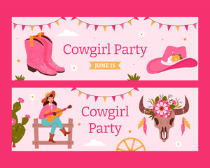 Cowgirl party banners in flat design