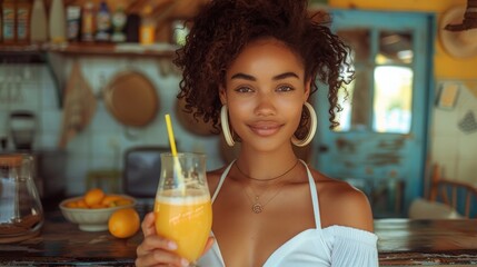 young woman in white shirt in a kitchen holding an orange juice - 746520322