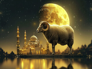 A sheep with horns and curly wool on the background of a Muslim mosque and a crescent moon in the sky