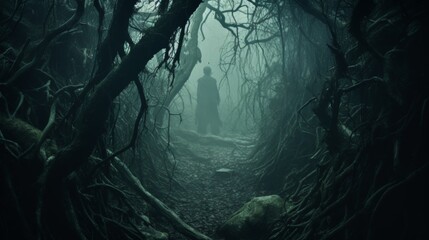 Mysterious fairy tale forest enshrouded in mist with twisted trees and hidden creatures