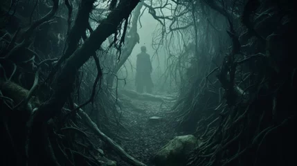 Fototapeten Mysterious fairy tale forest enshrouded in mist with twisted trees and hidden creatures © Philipp