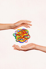 Collage artwork minimal picture of hands holding colorful doodle ball isolated white color background