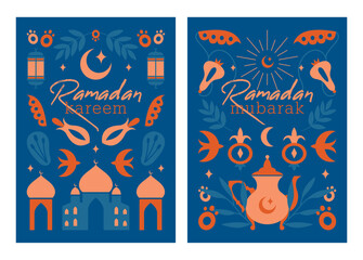 Ramadan Mubarak. Ramadan Kareem. Set of islamic cards, banners with greetings, vector ornament of minimal illustrations of mosque, crescent, lantern, plants, flowers. Flat  boho oriental style.