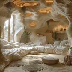 Une pièce à vivre design et confortable dans les mur d'un desert blanc