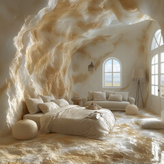 Chambre avec murs de sels en hauteur vue sur la mer à la plage, style lumineux, blanc