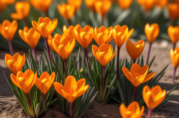 orange crocus flowers in spring in the sun