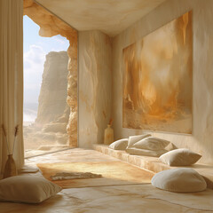 Une pièce avec baies vitrés sur le desert