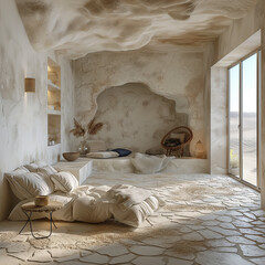 Une pièce style loft dans une montagne avec vue sur le desert et dalle de pierre