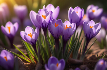 lilac crocus flowers in the spring in the sun