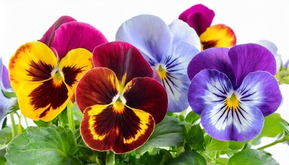 bright colorful viola tricolor flowers close up on a white isolated background