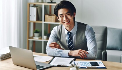 Portrait of a young businessman working with documents and an invoice while seated at a desk in the office and grinning at the camera