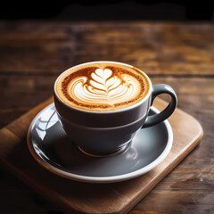 A close-up of a coffee cup with latte art on a rustic wooden table.