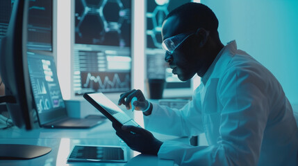 Scientists analyze information using a digital tablet and laptop. modern data visualizations, data network digital graphics, AI, and Generative AI digital Images.