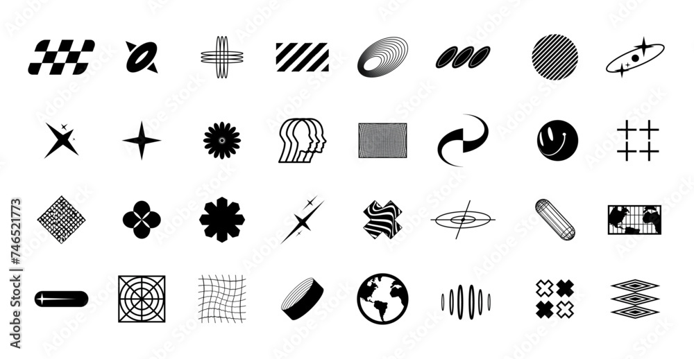 Fototapete Retro futuristic abstract graphic elements. Y2k elements, Trendy geometric brutalism forms, bling retro elements and abstract brutalism shapes. universal shapes with Burst. Vector set