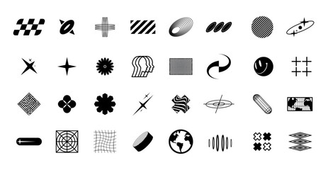 Retro futuristic abstract graphic elements. Y2k elements, Trendy geometric brutalism forms, bling retro elements and abstract brutalism shapes. universal shapes with Burst. Vector set