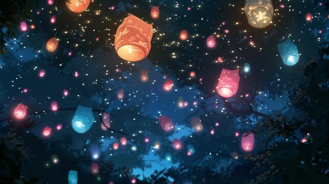 Enchanting Anime Scene: Floating Lanterns in Colorful Night Sky © CommerceAI