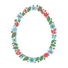Easter floral frame. Frame in the shape of an egg. Colorful floral composition. Vector illustration on a white background.