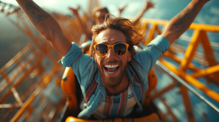 A man going down a roller coaster at high speed