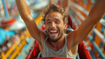 A man going down a roller coaster at high speed