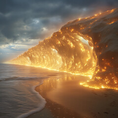 Une falaise de feu, braise ardente, lave sur la mer, paysage fantaisiste