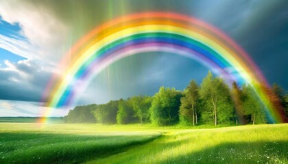 Naklejka premium rainbow over green meadow