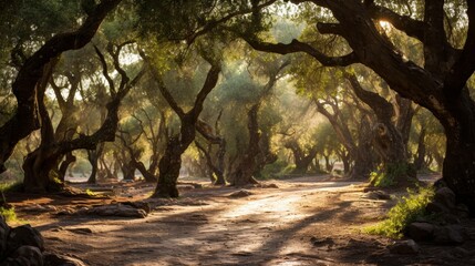 Majestic ancient olive grove with sun dappled trees and shimmering silver leaves