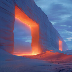 des portes lumineuses rouges au milieu du désert à l'aube nuageux