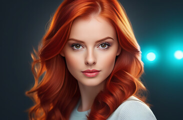 portrait of a very beautiful red-haired girl in neon