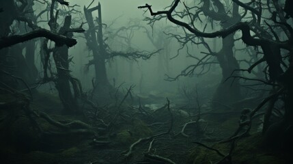 Enigmatic fairy tale forest shrouded in mist with gnarled trees, vines, and mysterious creatures.