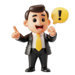 3D character a businessman pointing finger at exclamation mark in speech bubble with Transparent Background