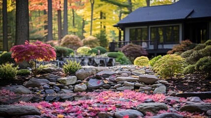 Tranquil zen garden with raked gravel, sculpted rocks, and minimalist plantings for contemplation