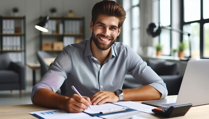 Portrait of a young businessman working with documents and an invoice while seated at a desk in the office and grinning at the camera - obrazy, fototapety, plakaty