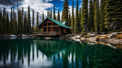 Fototapeta premium Tranquil lakeside cabin surrounded by pine trees and rustic dock for relaxation and reflection