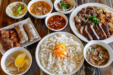 Assorted Vietnamese Dishes on Wooden Table