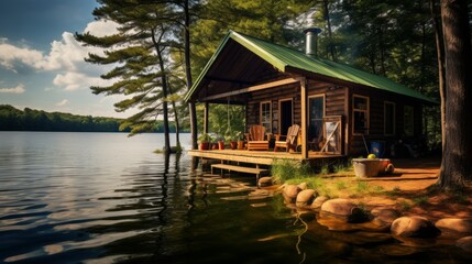 Fototapeta na wymiar Tranquil lakeside cabin among tall pines, rustic dock, inviting relaxation and reflection