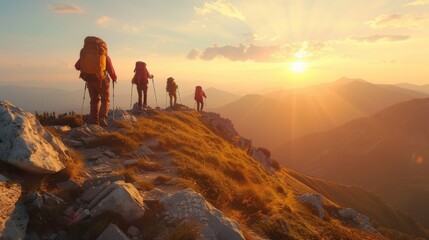 Obraz premium Hikers reaching mountain top