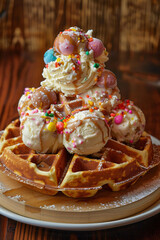 Stacked Waffles Topped with Ice Cream and Colorful Sprinkles
